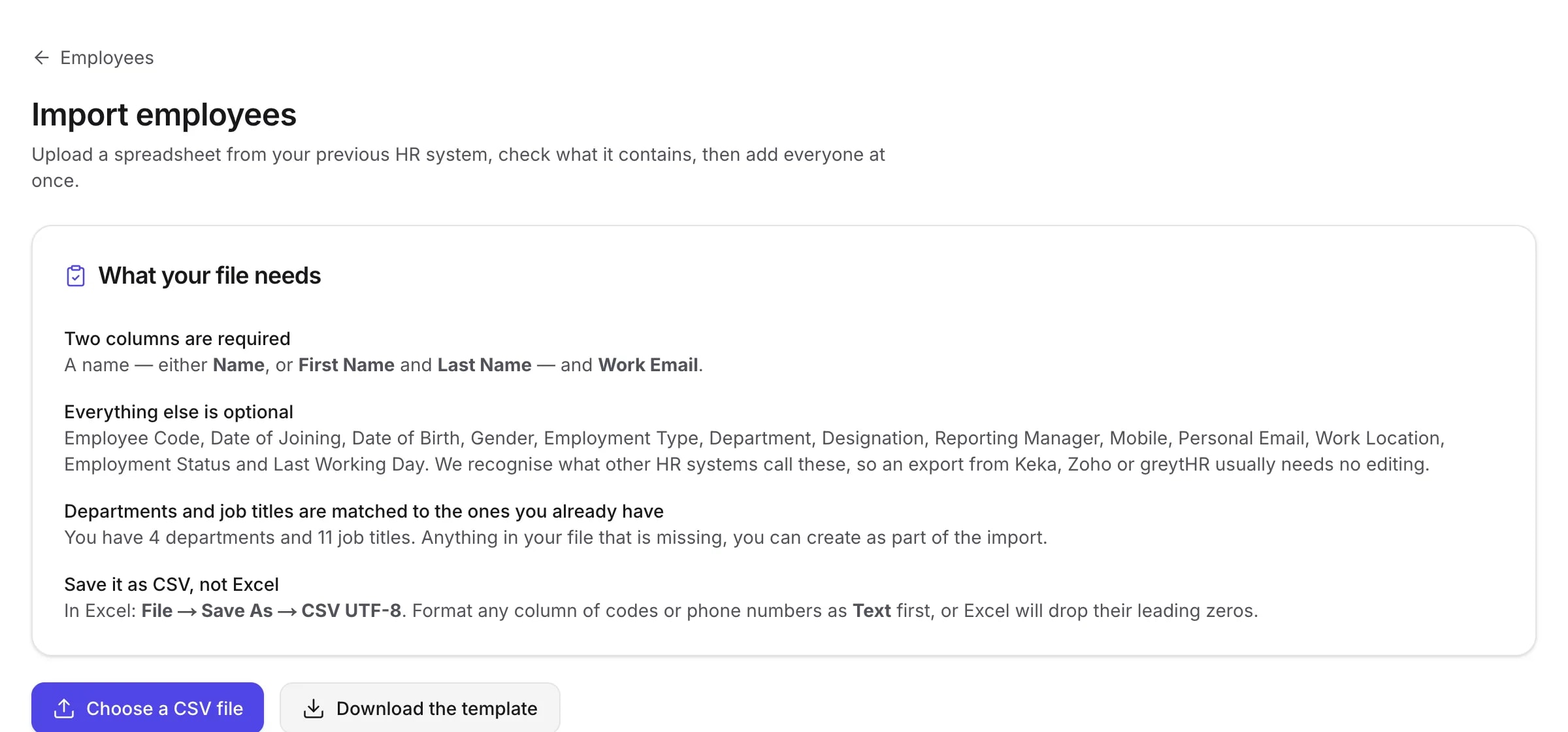 The employee import screen, where a spreadsheet is checked and problems are listed before anybody is added