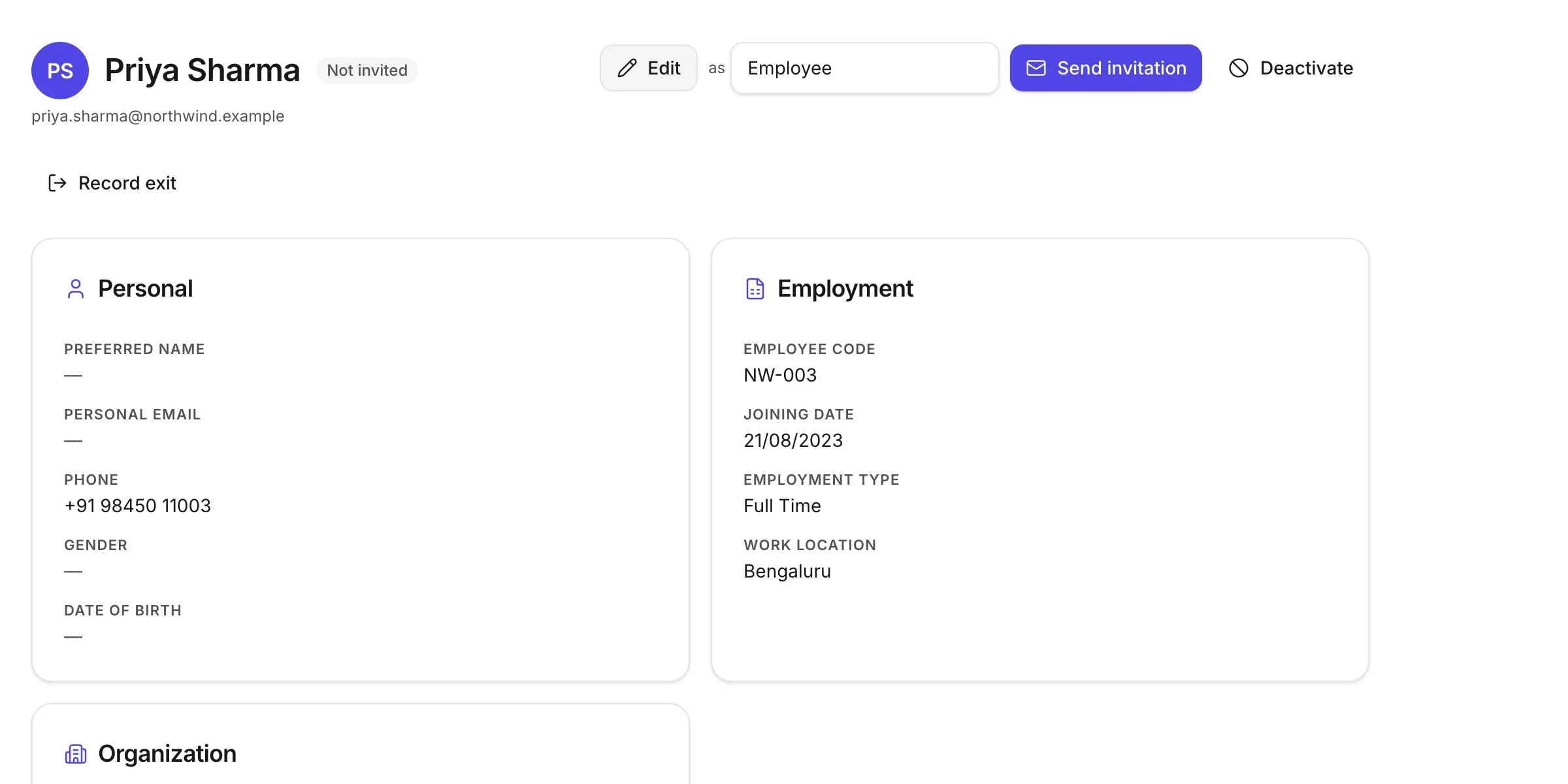 An employee record showing personal, employment and organisation details in three panels